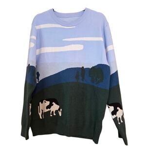 Novelty Cow Sweater Men's sz XL Pullover Jumper Farm Scene, Clouds & Prairie